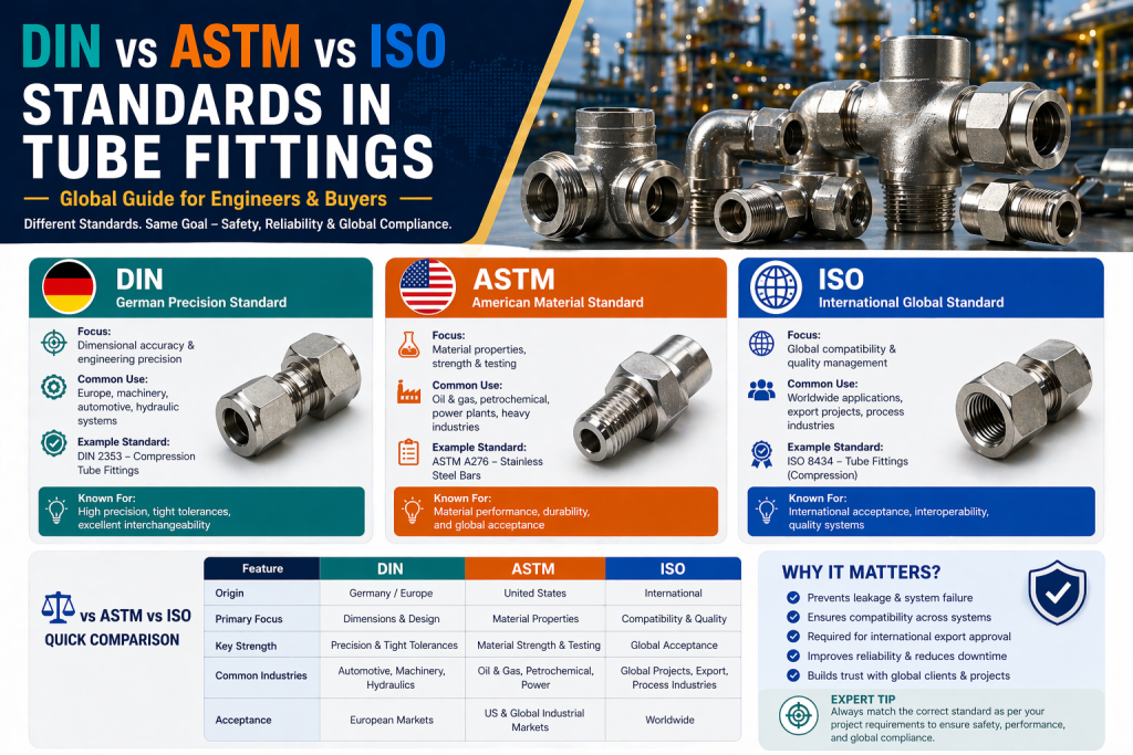 DIN vs ASTM vs ISO Standards in Tube Fittings – Global Guide for Engineers & Buyers (2026)