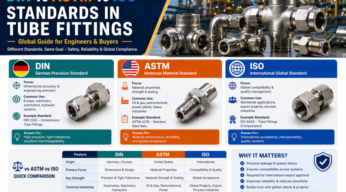 DIN vs ASTM vs ISO Standards in Tube Fittings – Global Guide for Engineers & Buyers (2026)